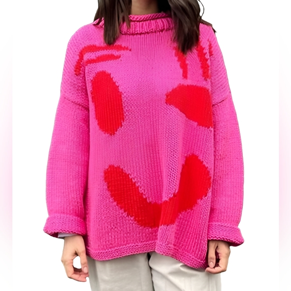 Knit Smiley Face Contrasting Abstract Long Sleeve Oversized Pullover Sweater Top - Picture 1 of 9
